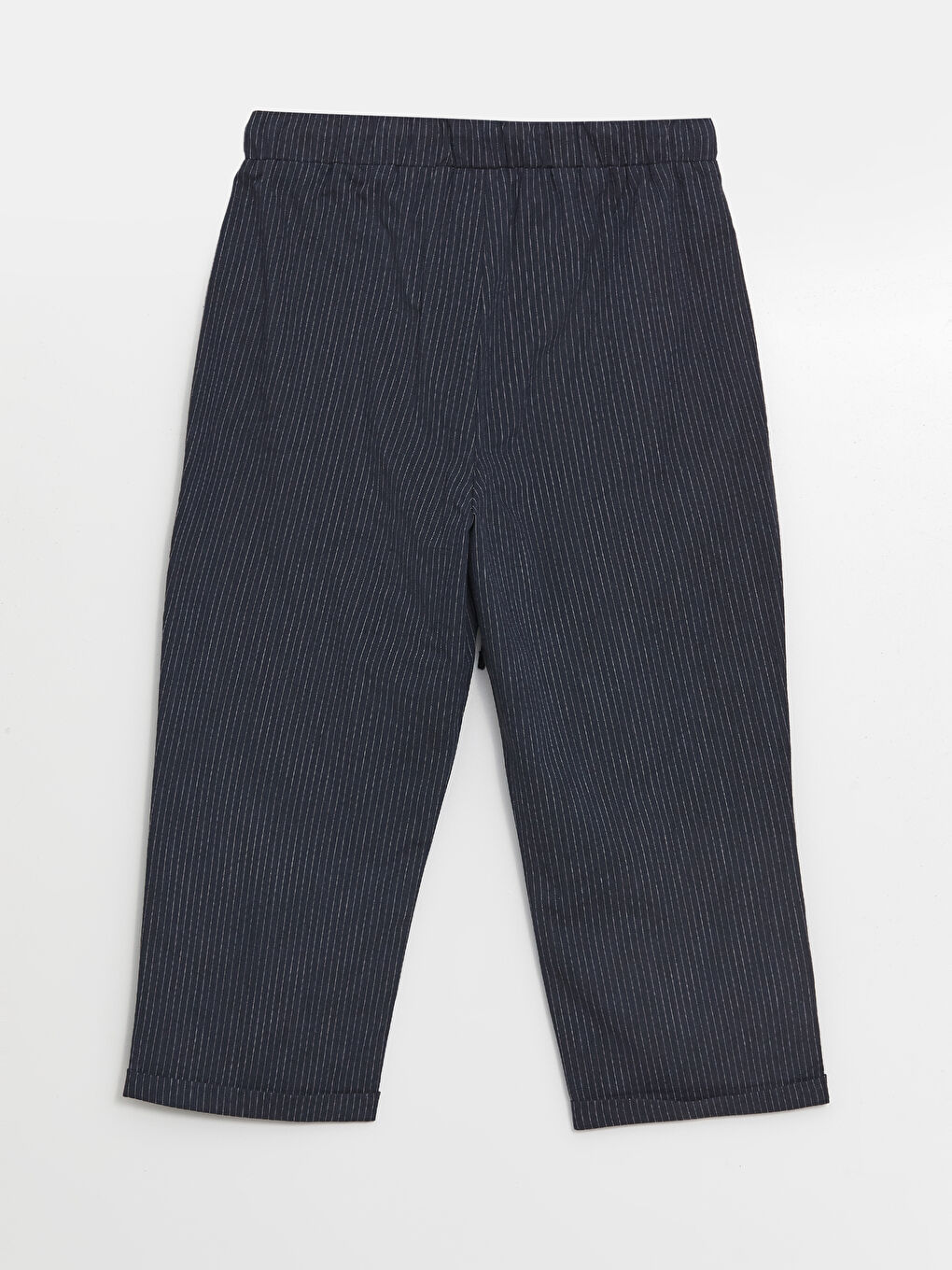 İndigo Beli Lastikli Çizgili Keten Karışımlı Kadın Kapri-5