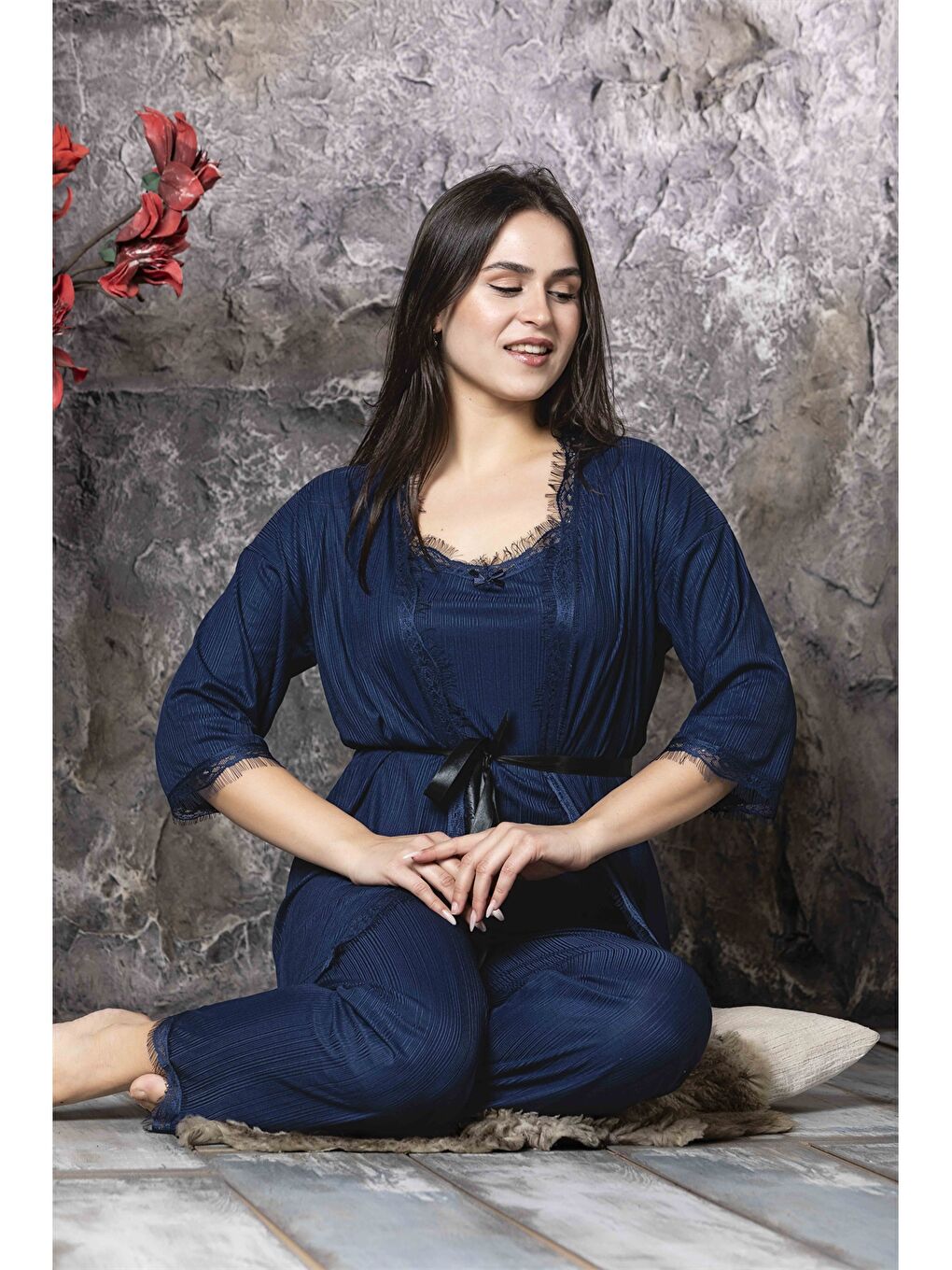 Lacivert V Yaka Kadın Pijama Takım-1