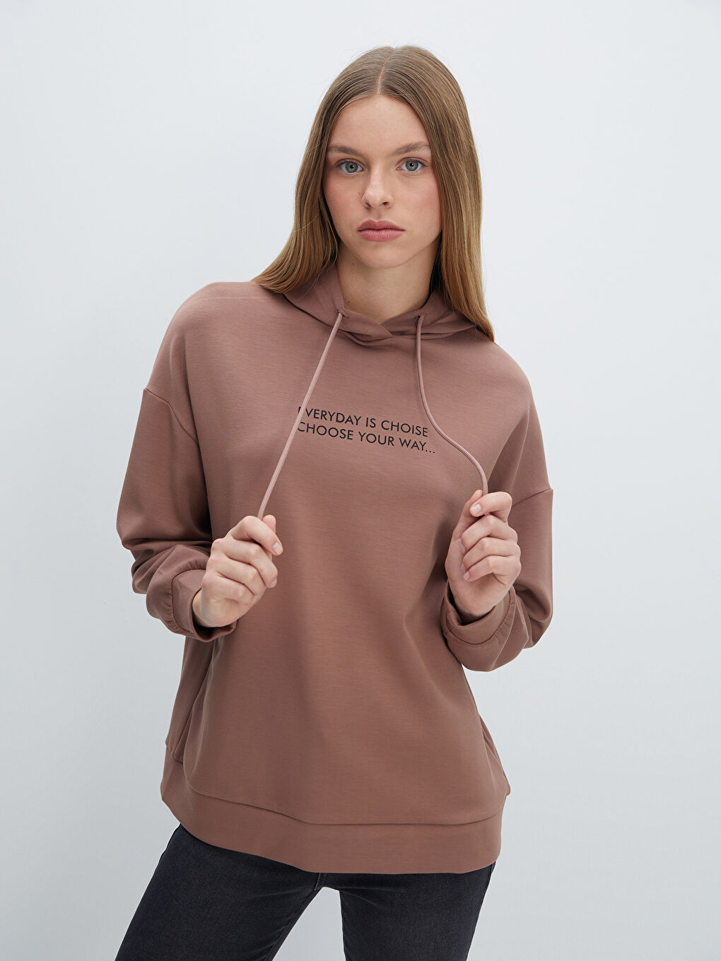 KOOR Açık Kahverengi Baskılı Uzun Kollu Kadın Hoodie