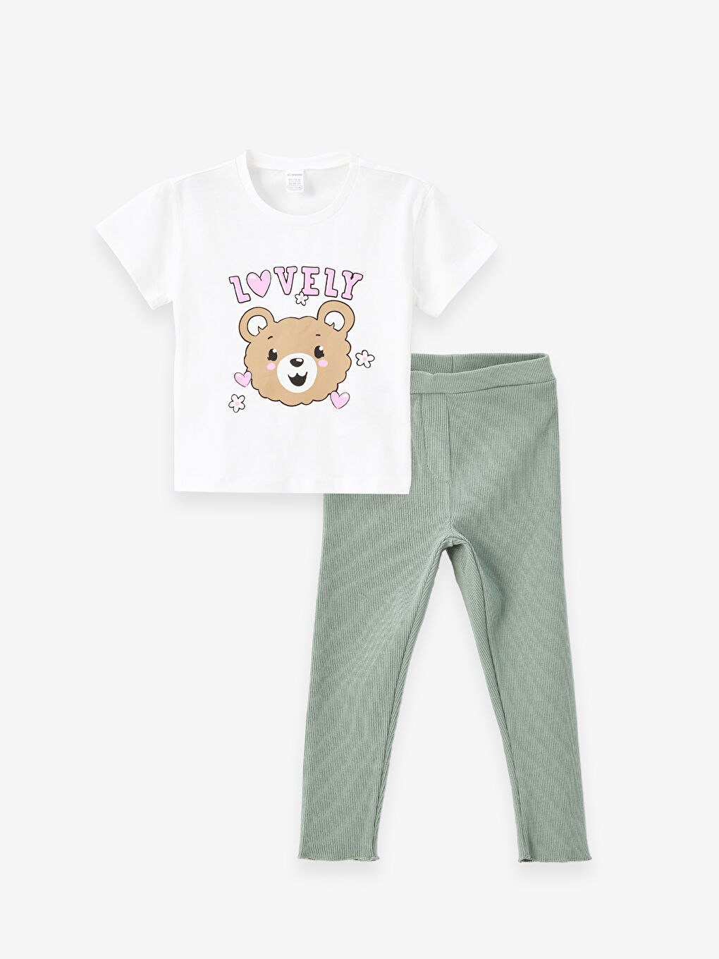 Ekru Bisiklet Yaka Kısa Kollu Baskılı Kız Bebek Tişört ve Tayt 2'li Takım