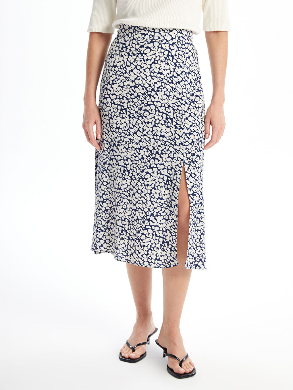 Lacivert Beli Lastikli Desenli A Kesim Kadın Etek-1