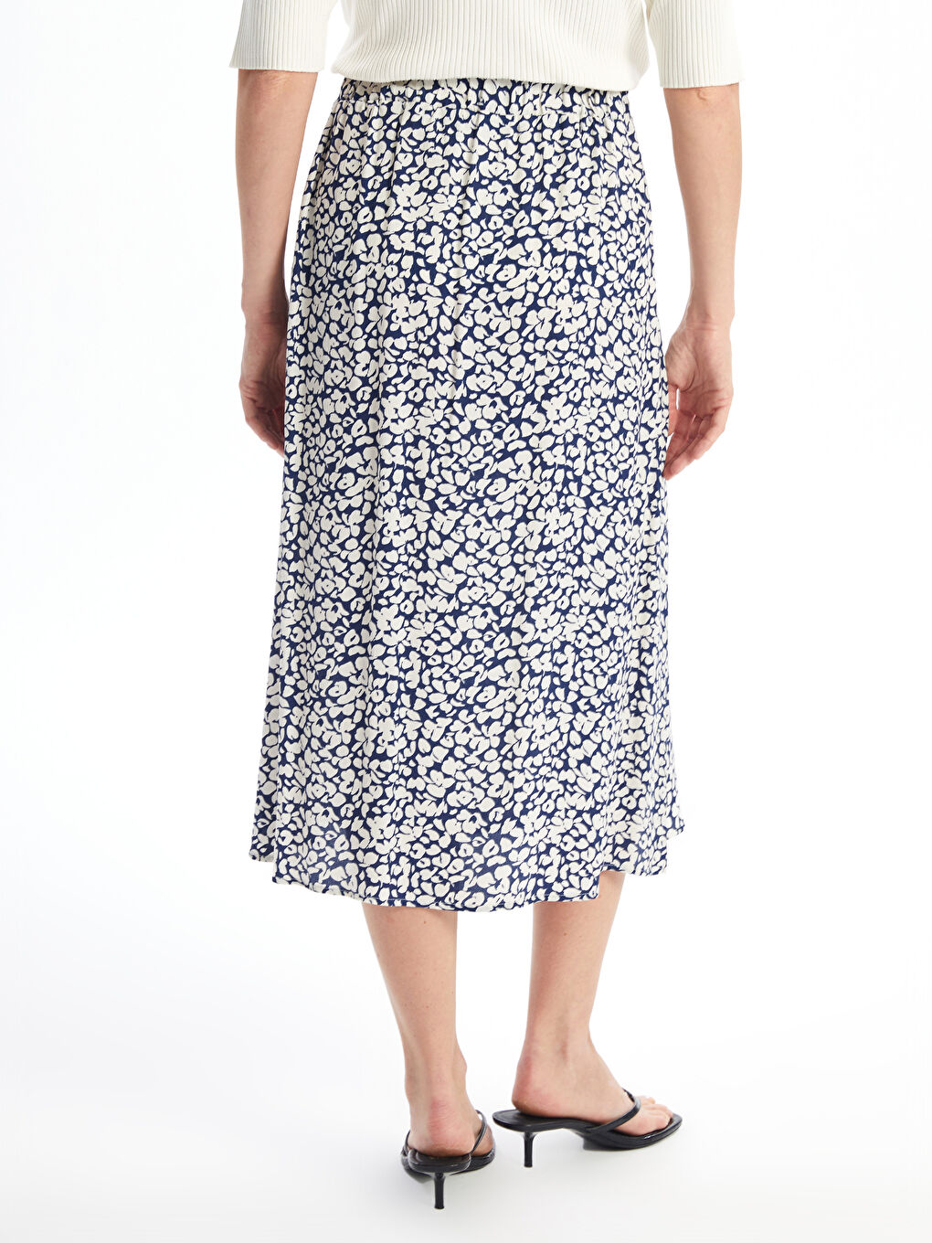 Lacivert Beli Lastikli Desenli A Kesim Kadın Etek-3