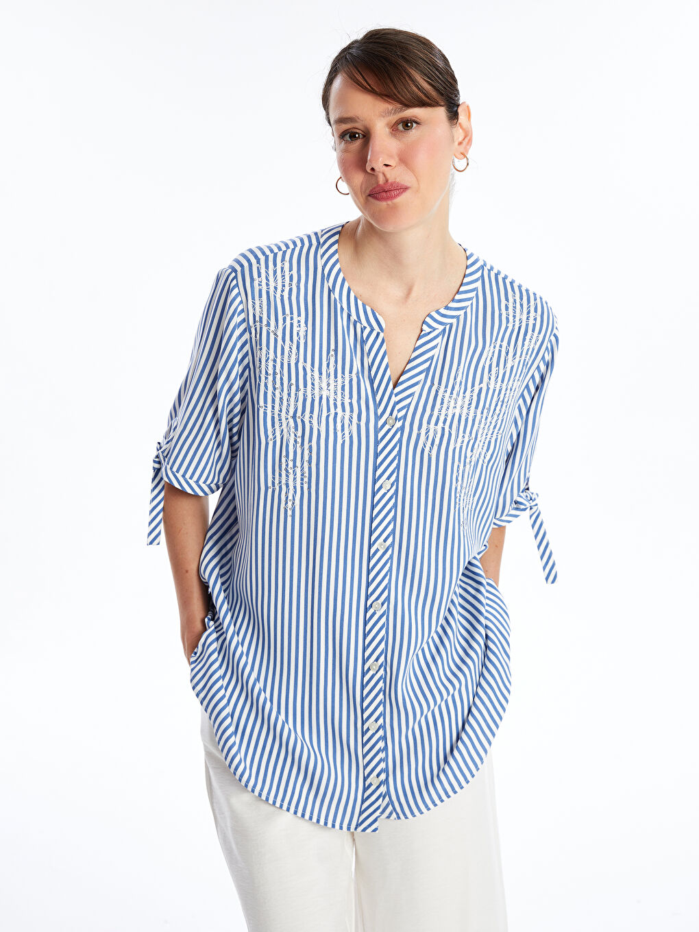 Henley Neckline Embroidered Short Sleeve Women's Blouse -S4NE62Z8-LGB