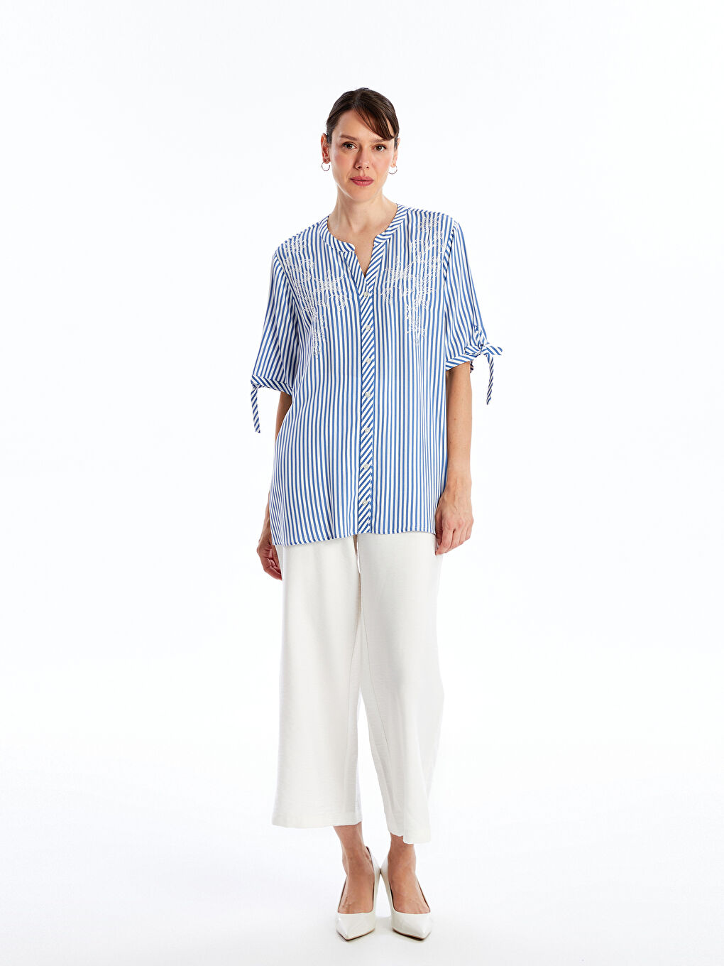 Henley Neckline Embroidered Short Sleeve Women's Blouse -S4NE62Z8-LGB