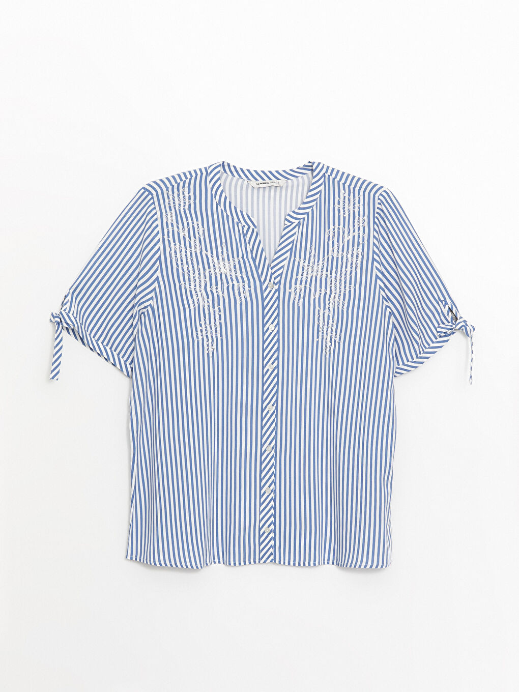 Henley Neckline Embroidered Short Sleeve Women's Blouse -S4NE62Z8-LGB