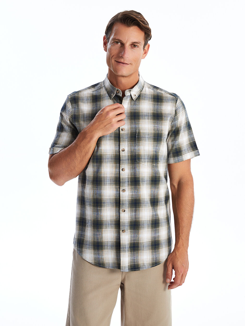 Regular Fit Short Sleeve Plaid Poplin Men's Shirt -S4NE72Z8-LME