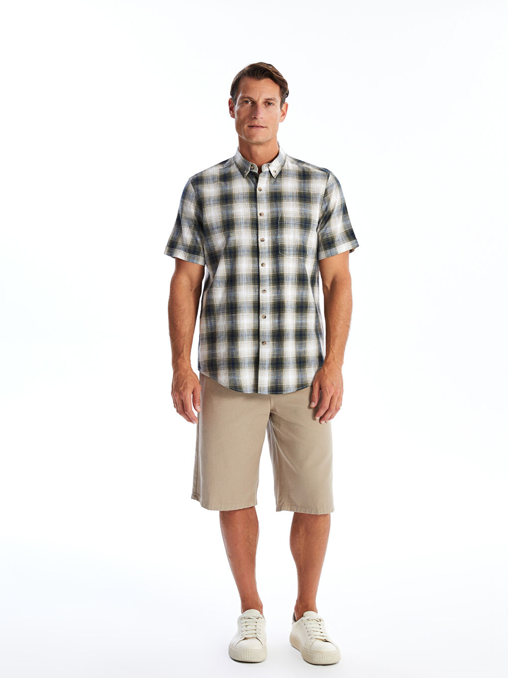 Regular Fit Short Sleeve Plaid Poplin Men's Shirt -S4NE72Z8-LME