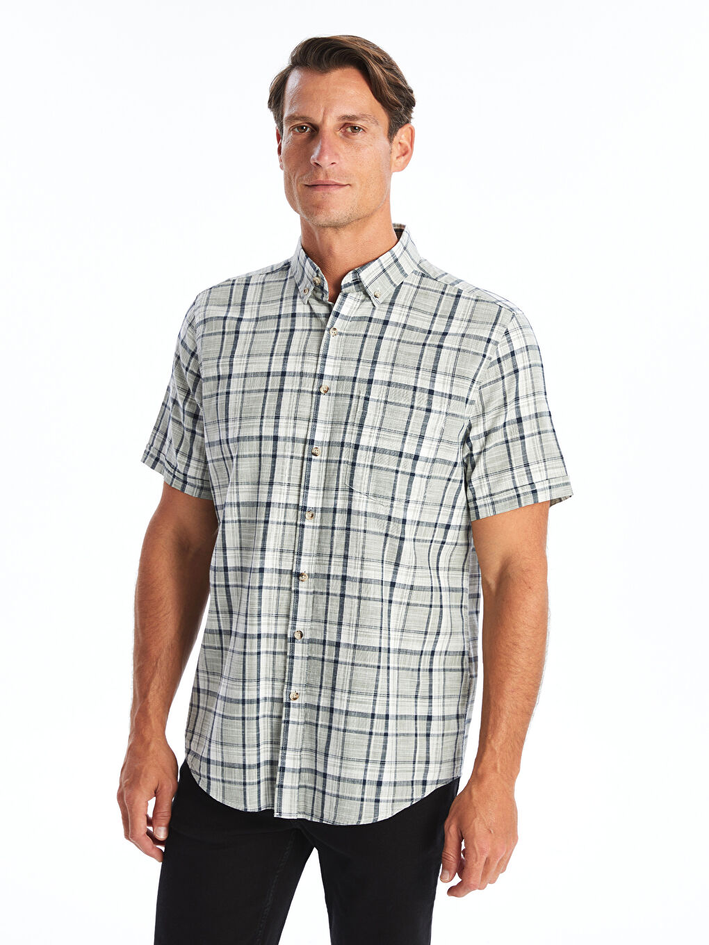 Regular Fit Short Sleeve Plaid Poplin Men's Shirt -S4NE73Z8-LME