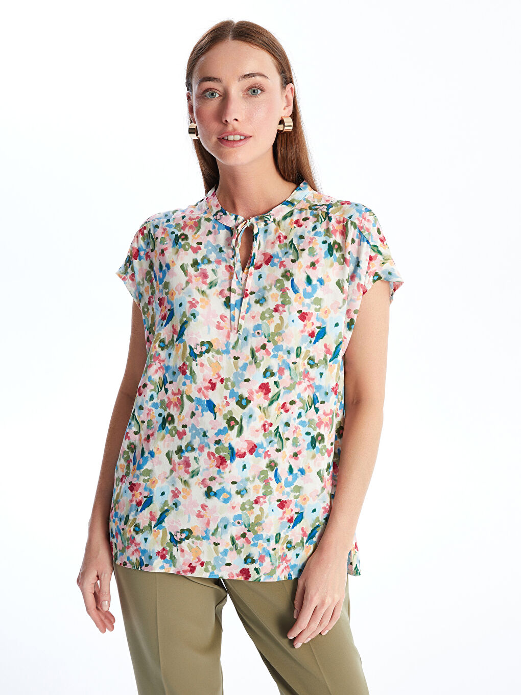 Tie Collar Floral Short Sleeve Women's Blouse -S4NE74Z8-LR8