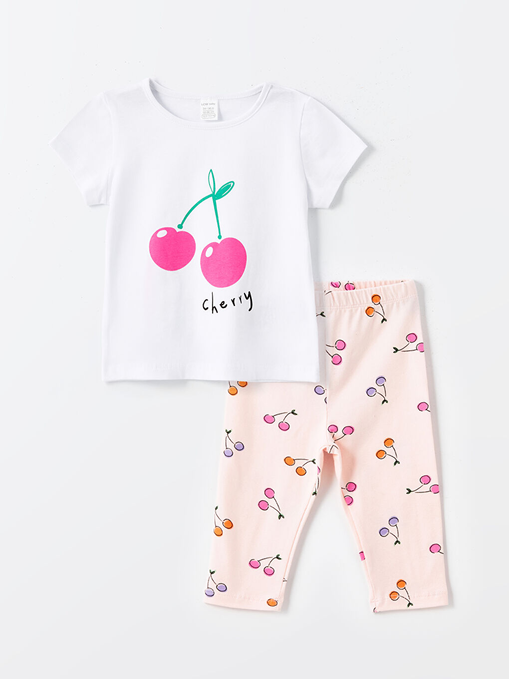 Beyaz Bisiklet Yaka Baskılı Kısa Kollu Kız Bebek Tişört ve Tayt 2'li Takım