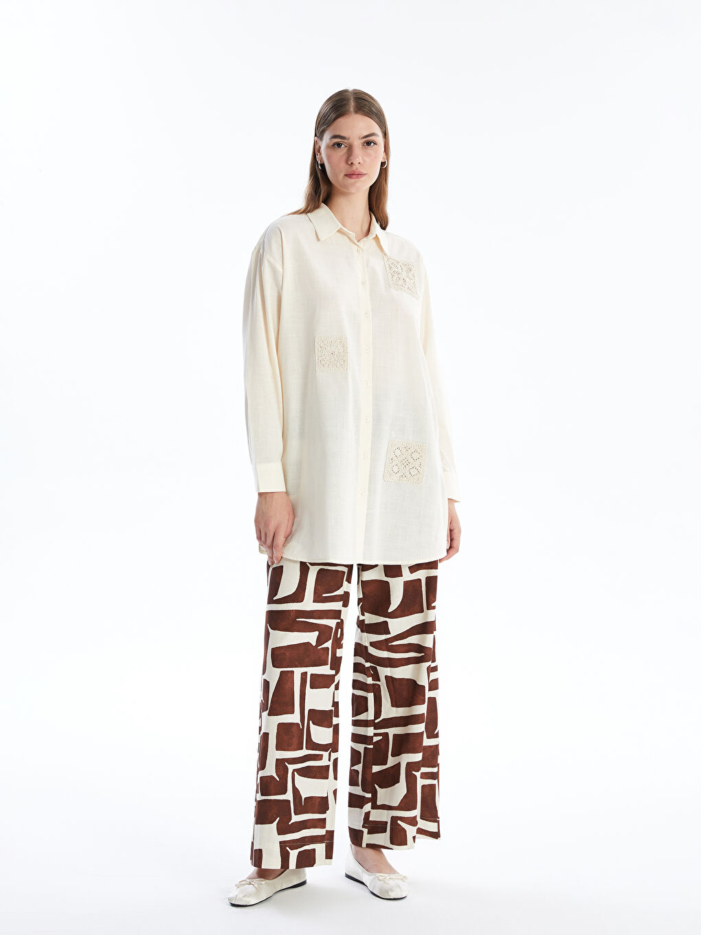 Patterned Linen Blend Women's Trousers with Elastic Waistband -S4NE99Z8-LR0