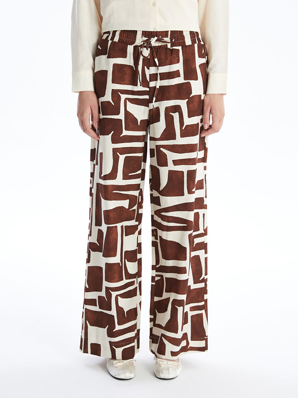 Patterned Linen Blend Women's Trousers with Elastic Waistband -S4NE99Z8-LR0