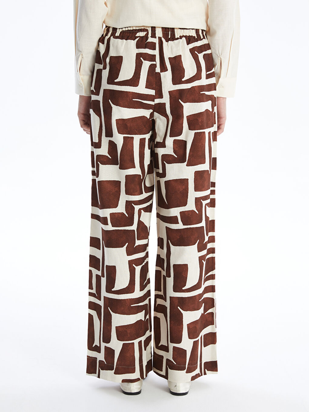 Patterned Linen Blend Women's Trousers with Elastic Waistband -S4NE99Z8-LR0