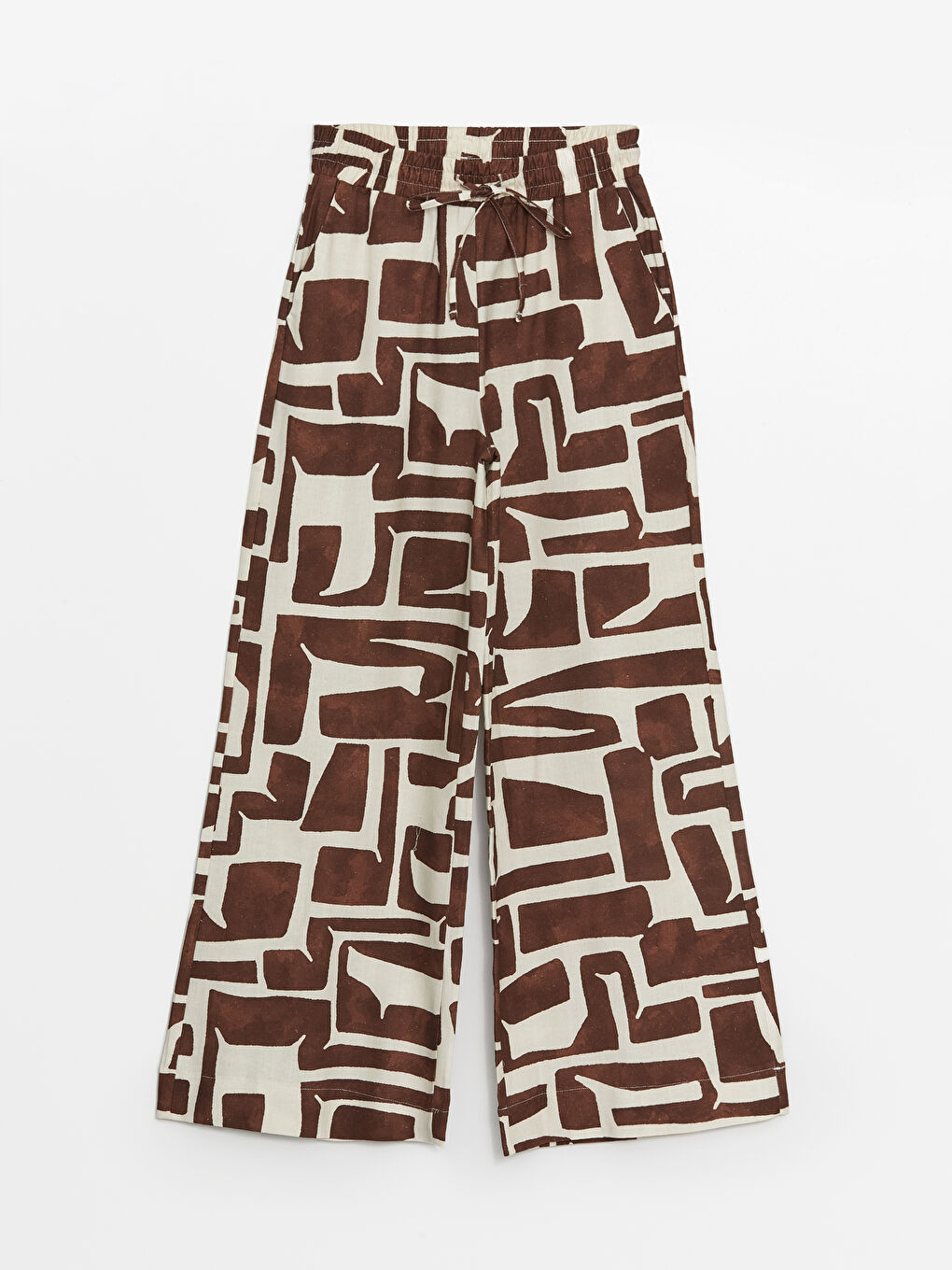 Patterned Linen Blend Women's Trousers with Elastic Waistband -S4NE99Z8-LR0