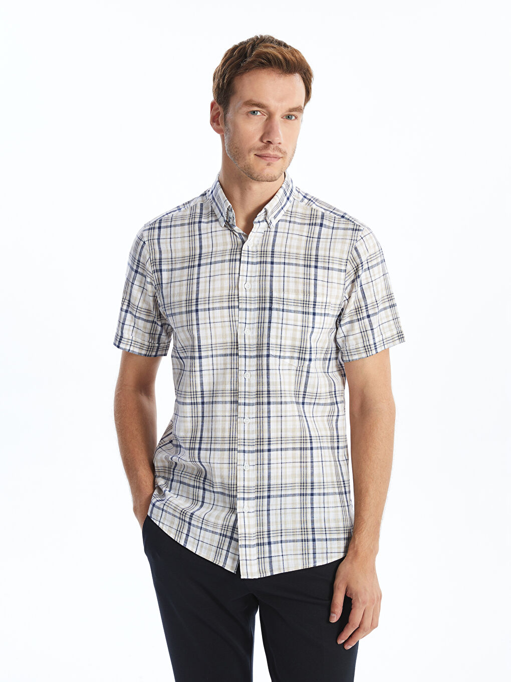 Regular Fit Short Sleeve Plaid Poplin Men's Shirt -S4NF02Z8-LKQ