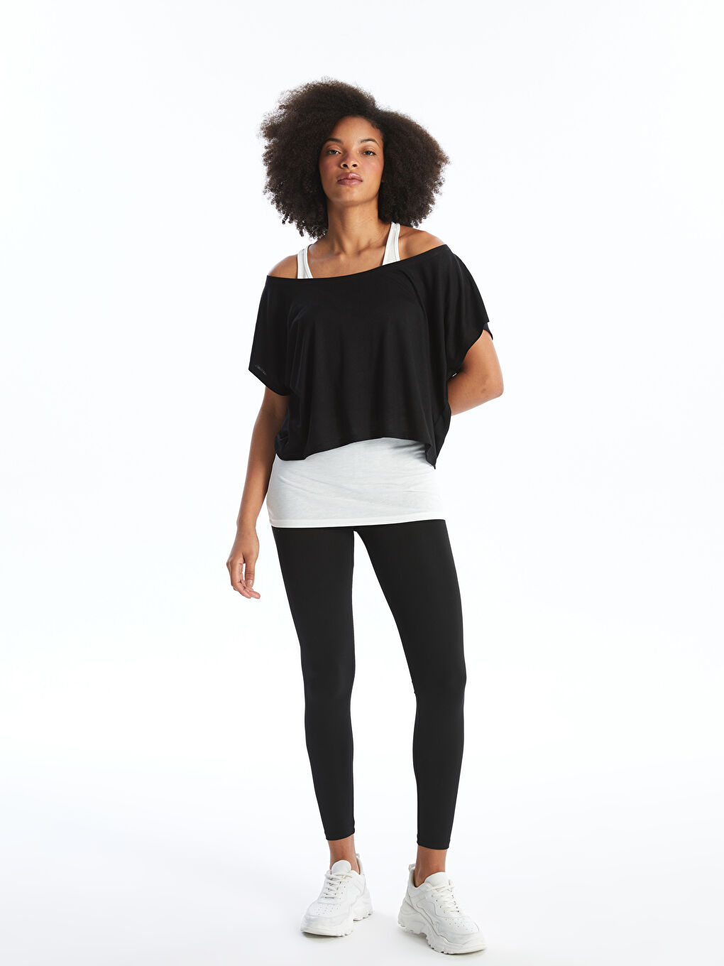 Siyah Kayık Yaka Kadın Spor Tişört