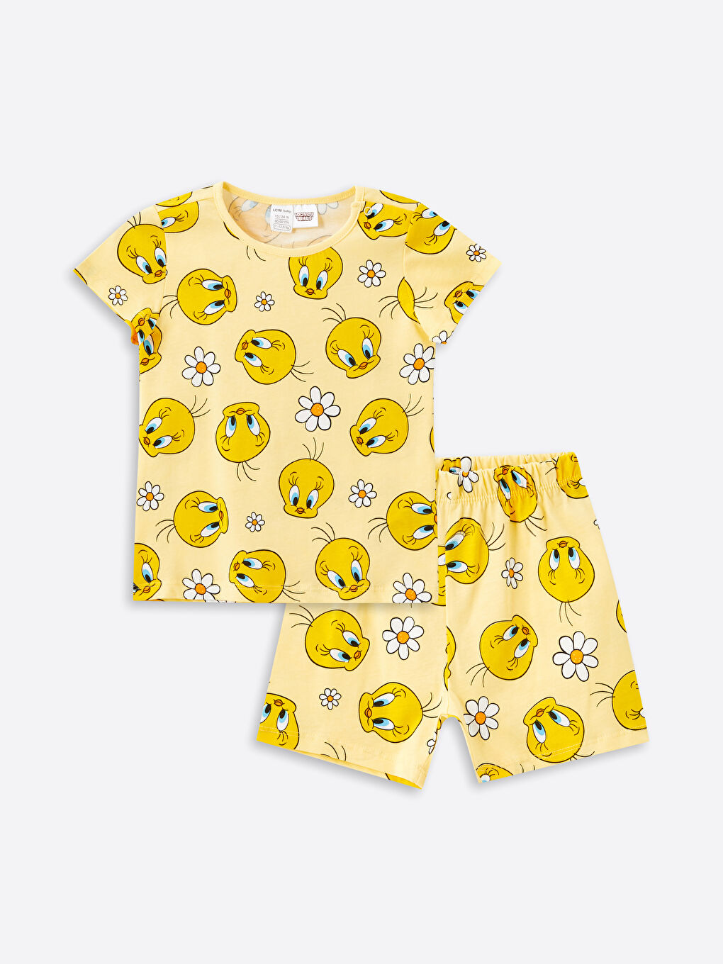 LCW baby Açık Sarı Baskılı Bisiklet Yaka Tweety Baskılı Kız Bebek Şortlu Pijama Takımı