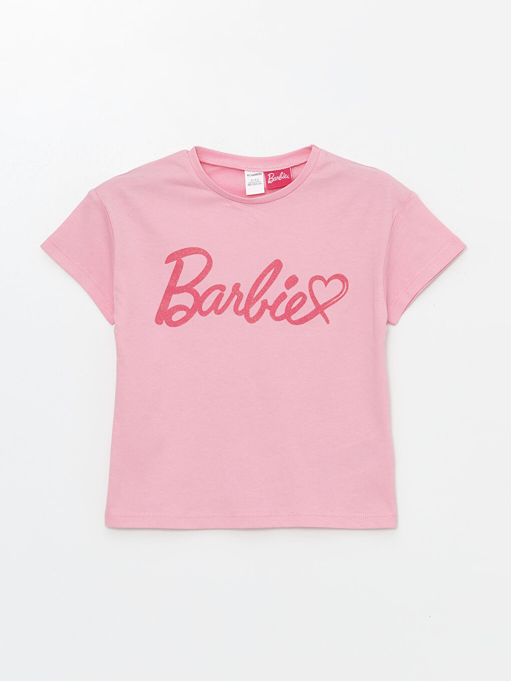 LCW Kids Pembe Bisiklet Yaka Kısa Kollu Barbie Baskılı Kız Bebek Tişört