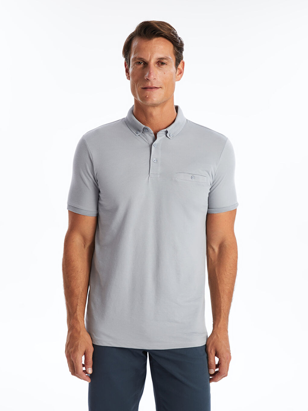 Gri Polo Yaka Kısa Kollu Pike Erkek Tişört