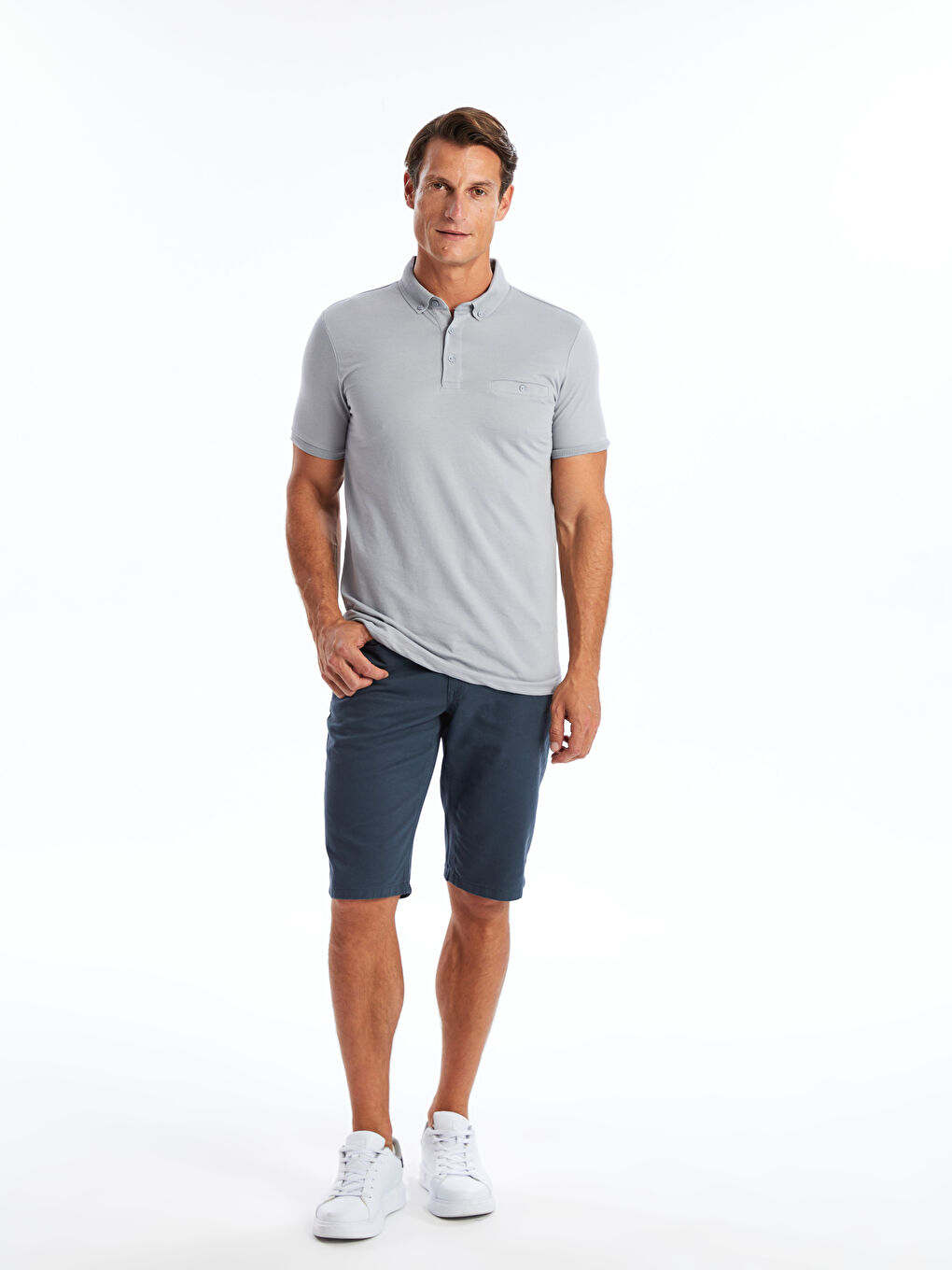 Gri Polo Yaka Kısa Kollu Pike Erkek Tişört-1