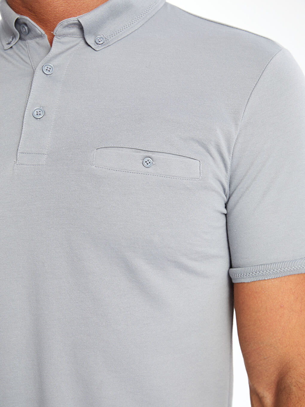 Gri Polo Yaka Kısa Kollu Pike Erkek Tişört-2