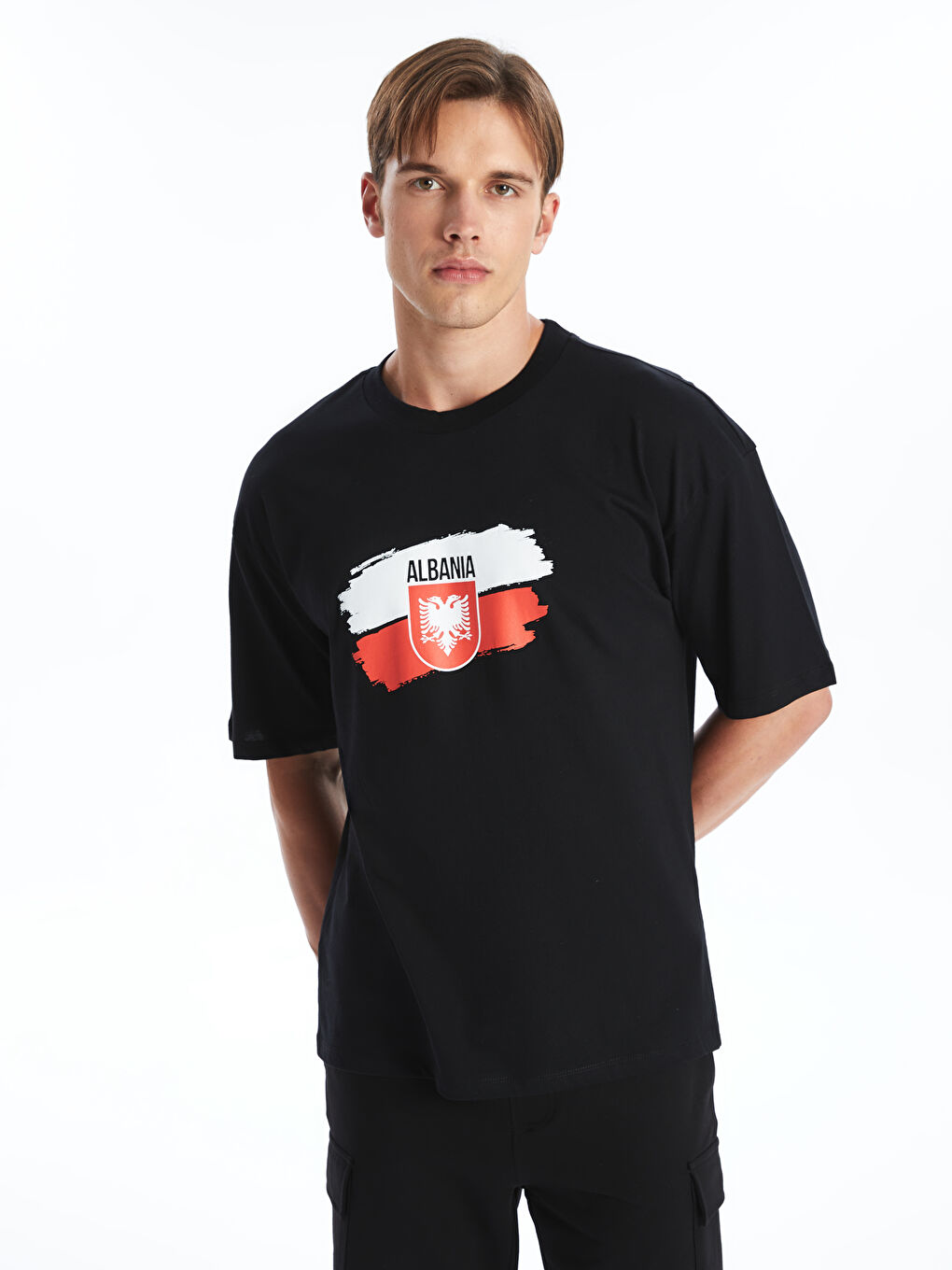 Siyah DRY-TECH Bisiklet Yaka Arnavutluk Baskılı Erkek Spor Tişört