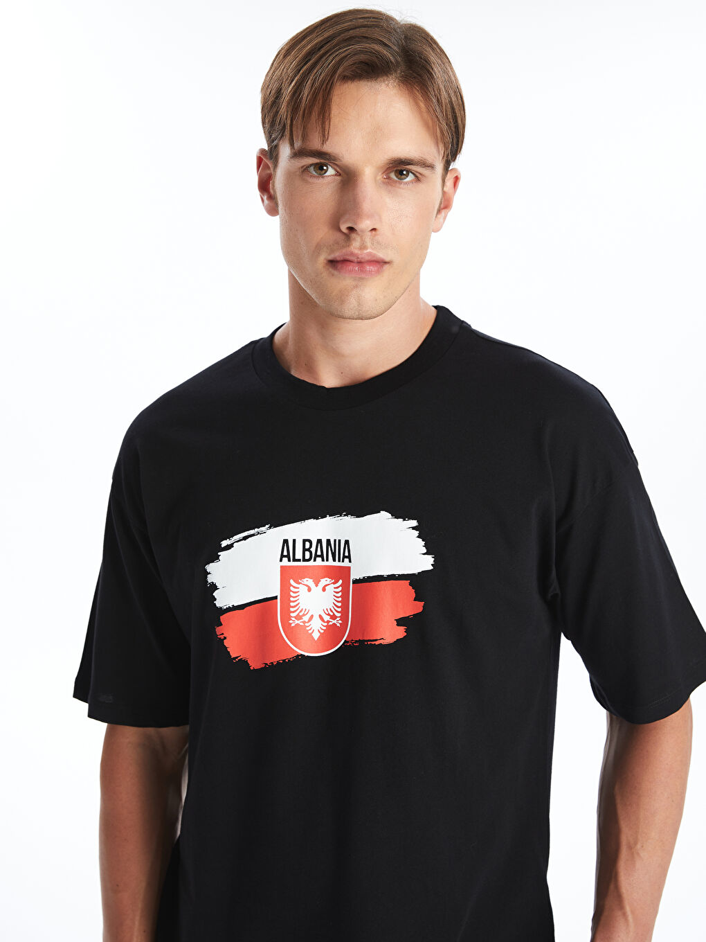 Siyah DRY-TECH Bisiklet Yaka Arnavutluk Baskılı Erkek Spor Tişört-1