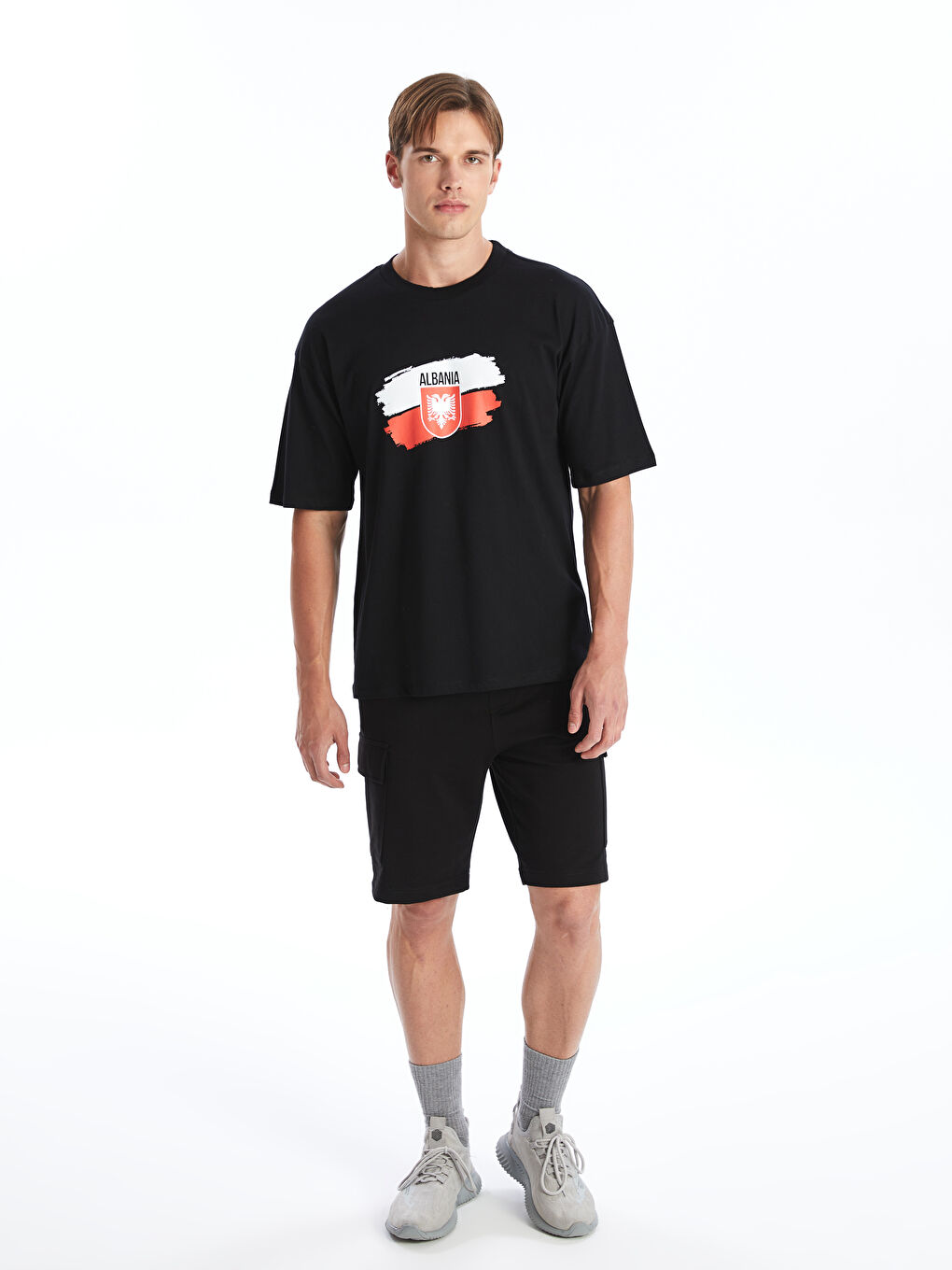 Siyah DRY-TECH Bisiklet Yaka Arnavutluk Baskılı Erkek Spor Tişört-2