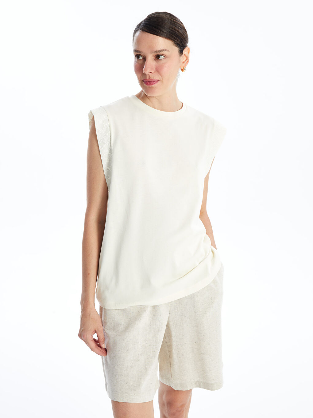 Ekru Kadın Bisiklet Yaka Düz Bluz