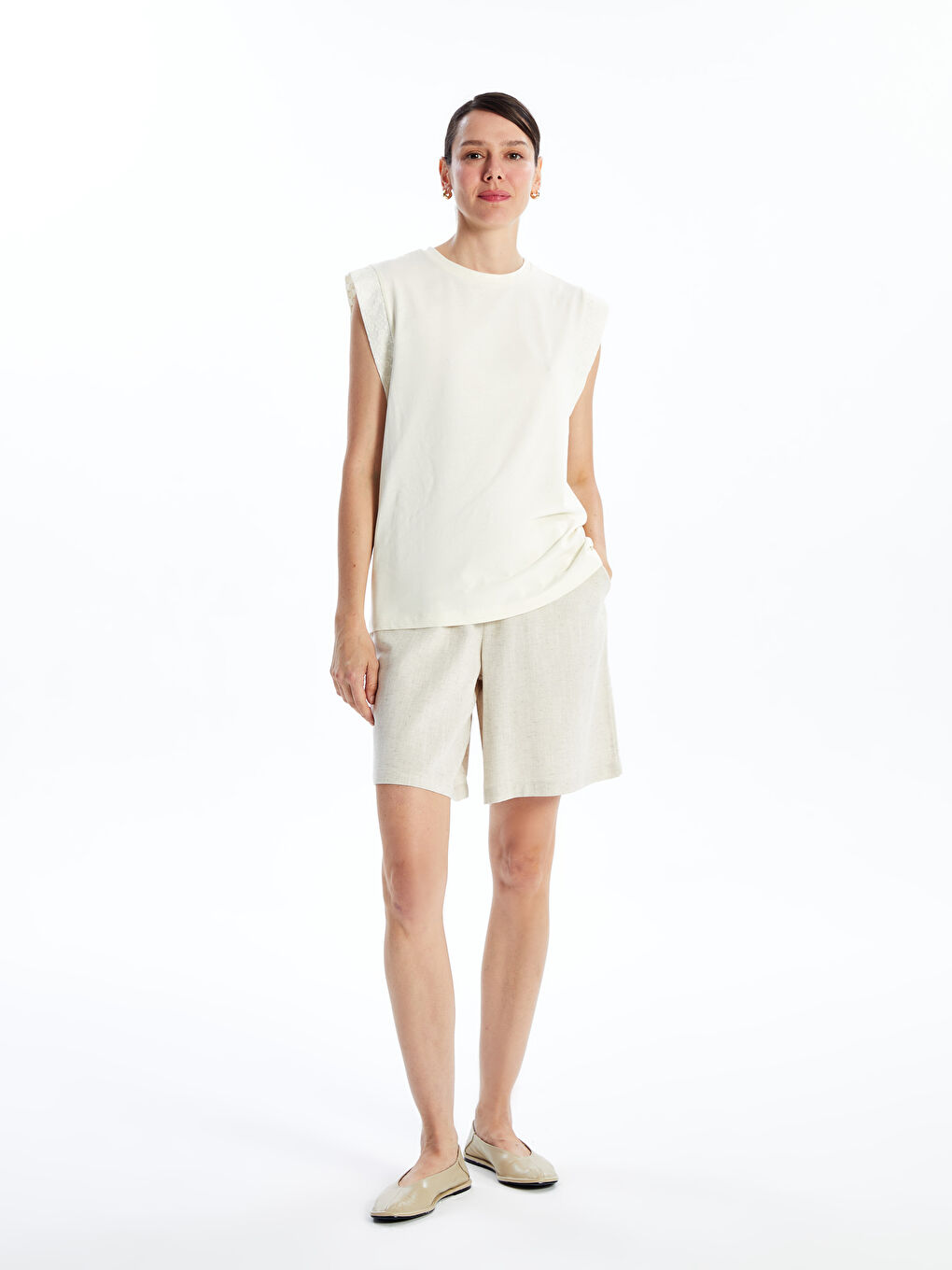 Ekru Kadın Bisiklet Yaka Düz Bluz-1