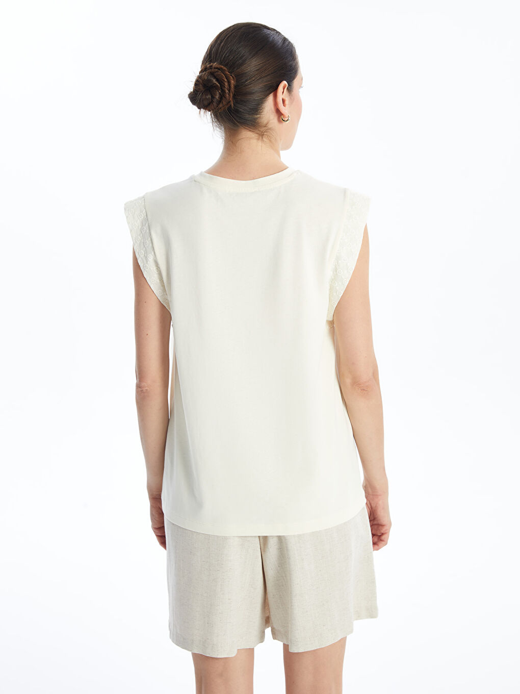 Ekru Kadın Bisiklet Yaka Düz Bluz-3