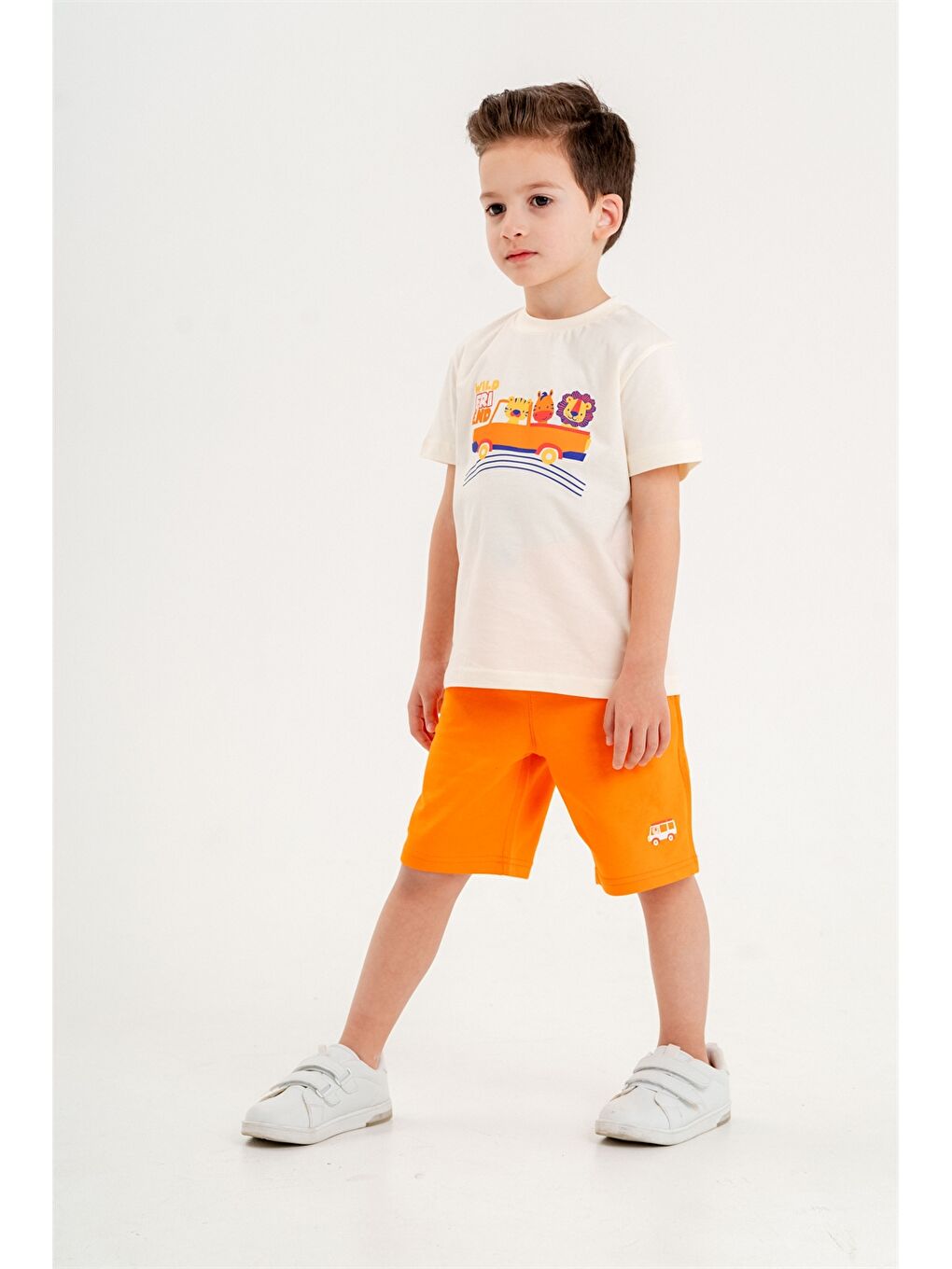 Turuncu Bisiklet Yaka Erkek Bebek Tişört ve Şort 2'li-3