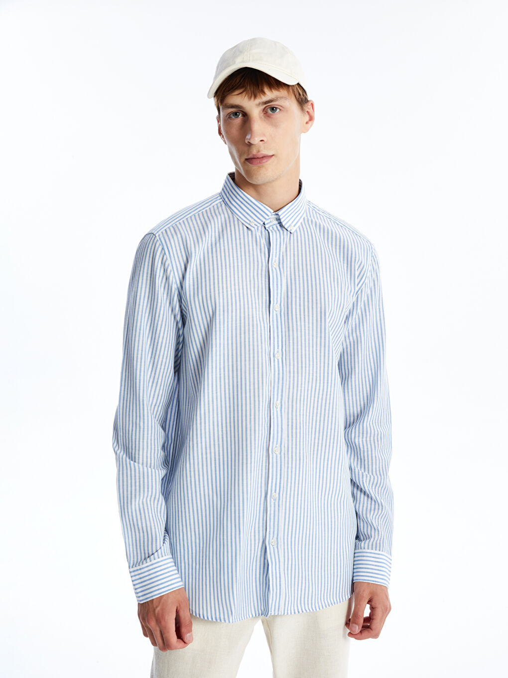 Slim Fit Long Sleeve Striped Poplin Men's Shirt -S4NI56Z8-LEN