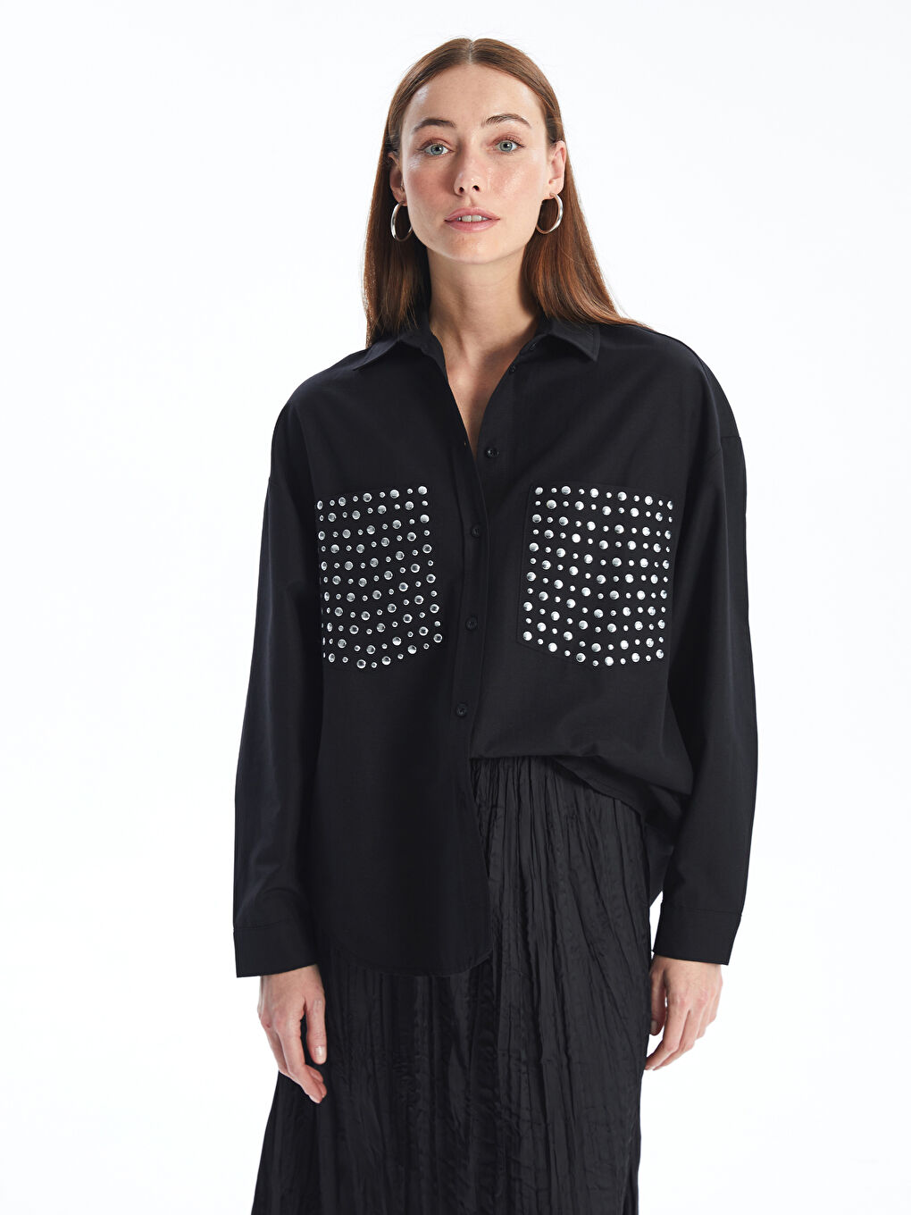 Siyah Parlak Taşlı Uzun Kollu Oversize Kadın Gömlek-2