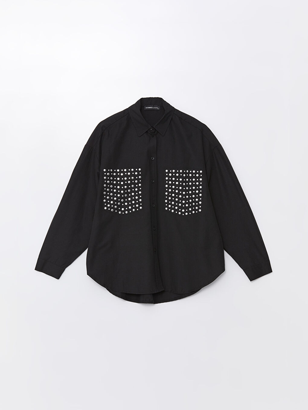 Siyah Parlak Taşlı Uzun Kollu Oversize Kadın Gömlek-6