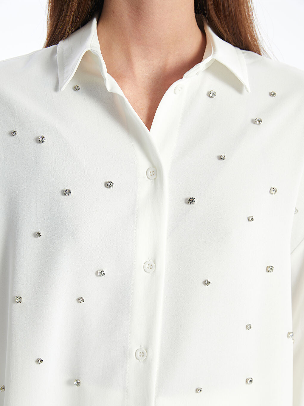 Beyaz Parlak Taşlı Uzun Kollu Oversize Kadın Gömlek-3