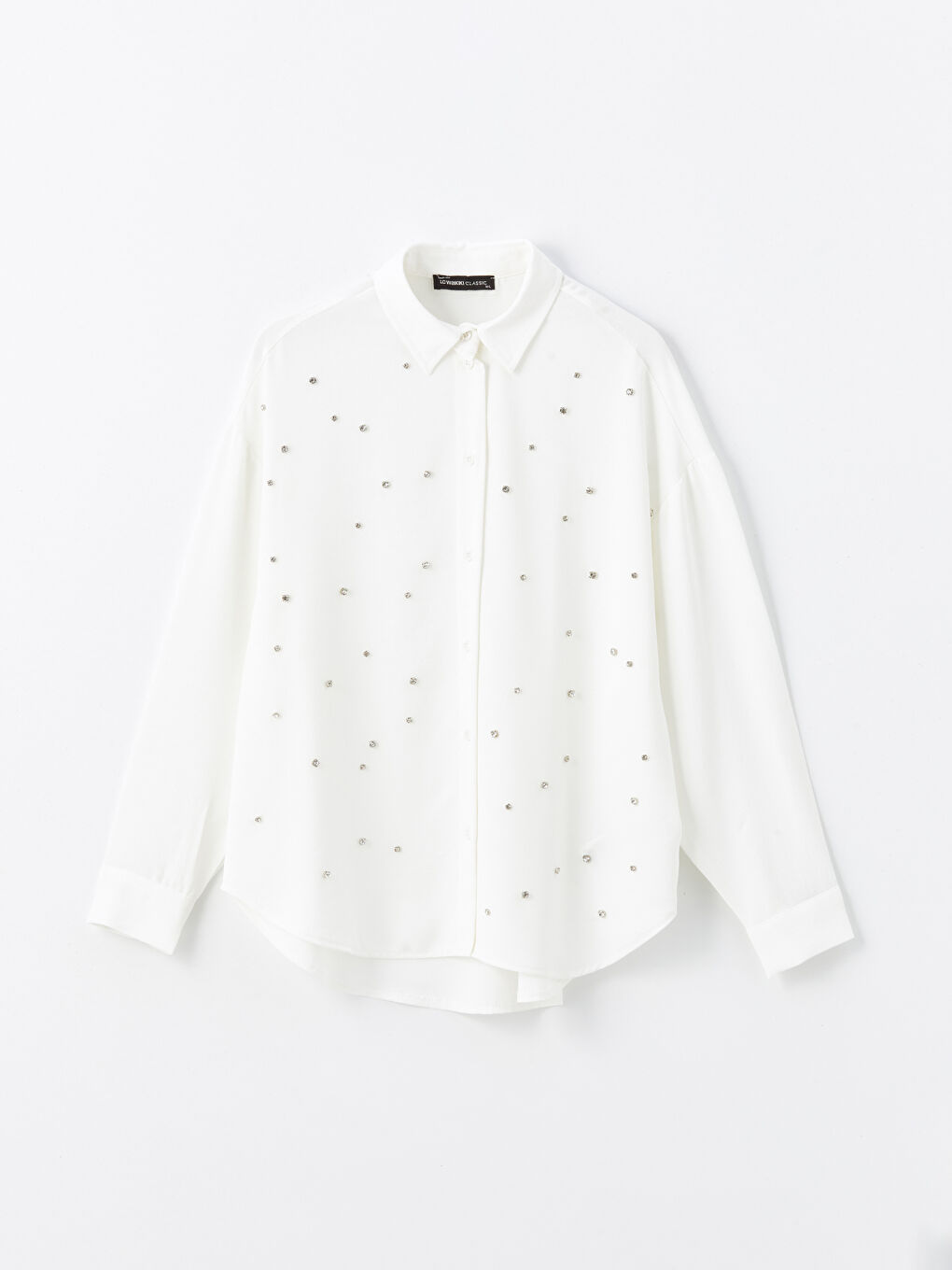 Beyaz Parlak Taşlı Uzun Kollu Oversize Kadın Gömlek-5