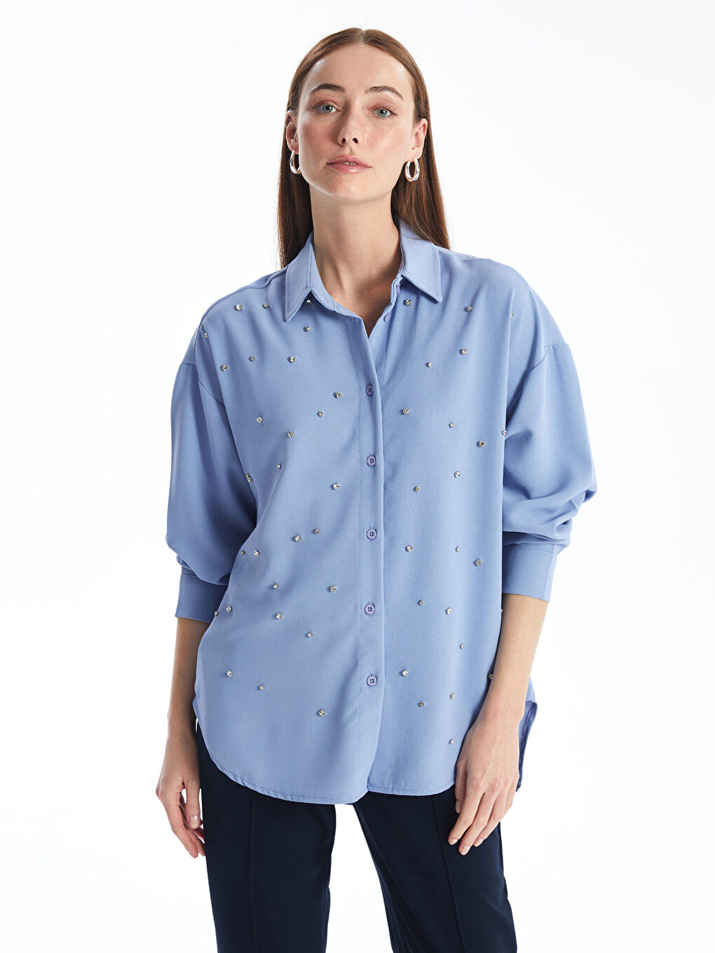Rhinestone Embellished Long Sleeve Oversize Women's Shirt -S4NI93Z8-YEB