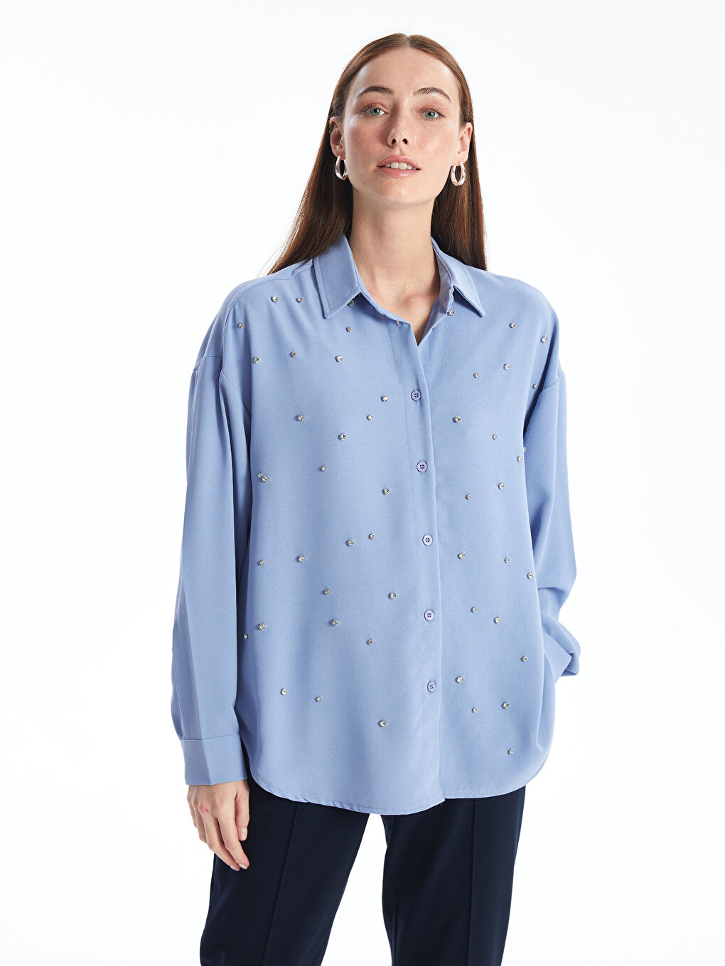 Rhinestone Embellished Long Sleeve Oversize Women's Shirt -S4NI93Z8-YEB