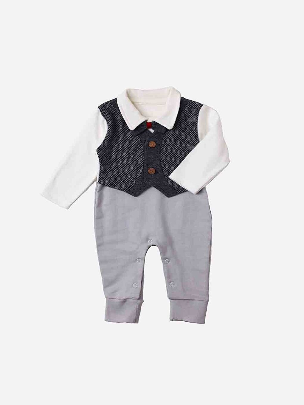 Gri Polo Yaka Papyonlu Erkek Bebek Tulum