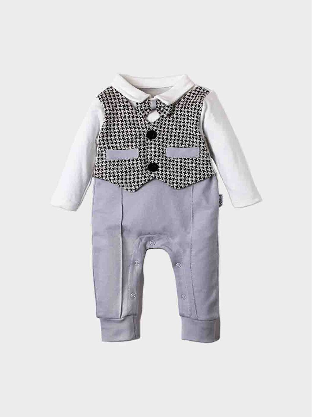 Gri Polo Yaka Papyonlu Erkek Bebek Tulum