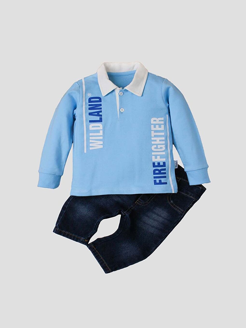 Kidex's Bebek Mavi Polo Yaka Erkek Bebek Sweatshirt ve Pantolon 2'li Takım