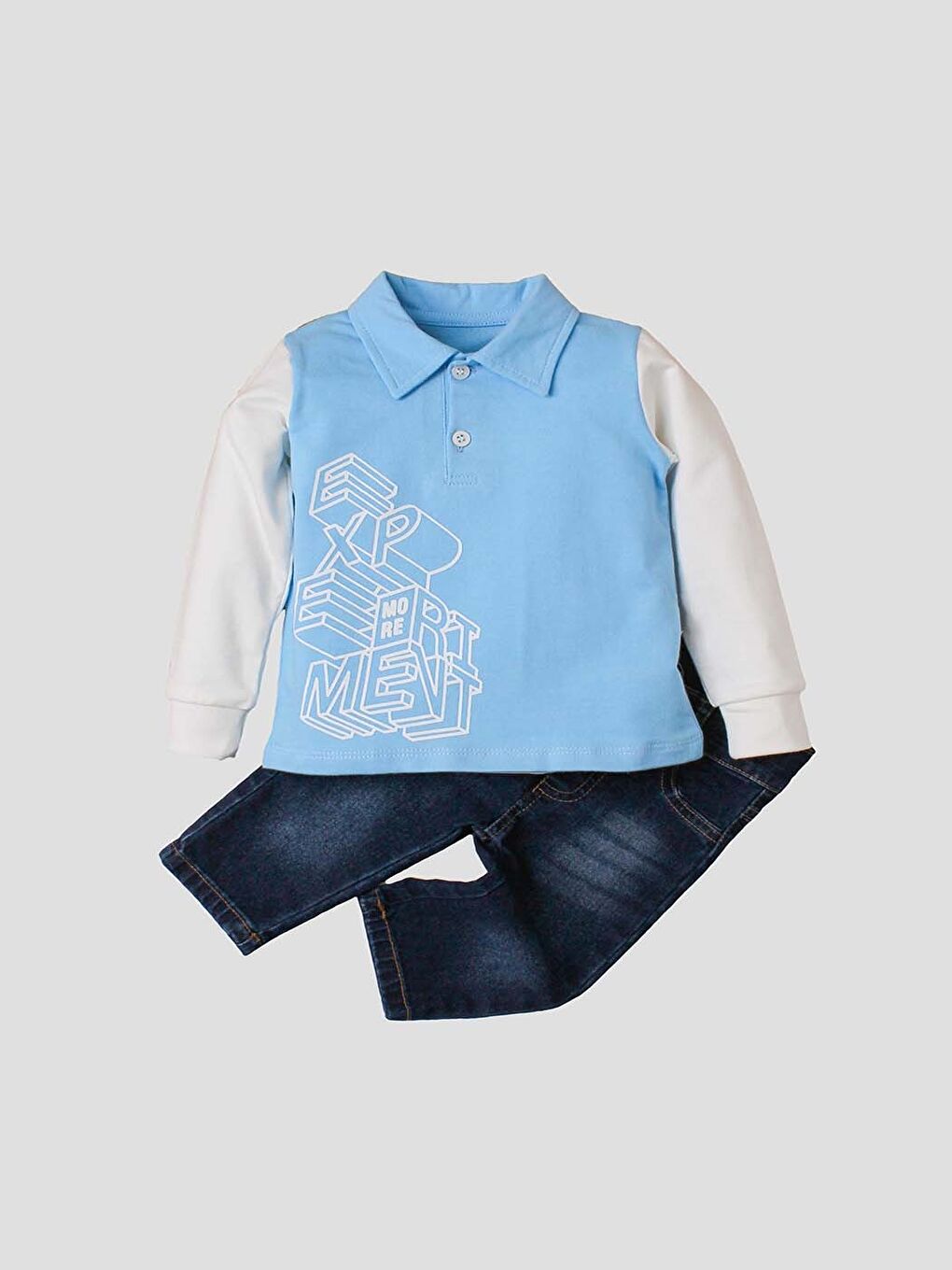 Mavi Polo Yaka Erkek Bebek Sweatshirt ve Pantolon 2'li Takım