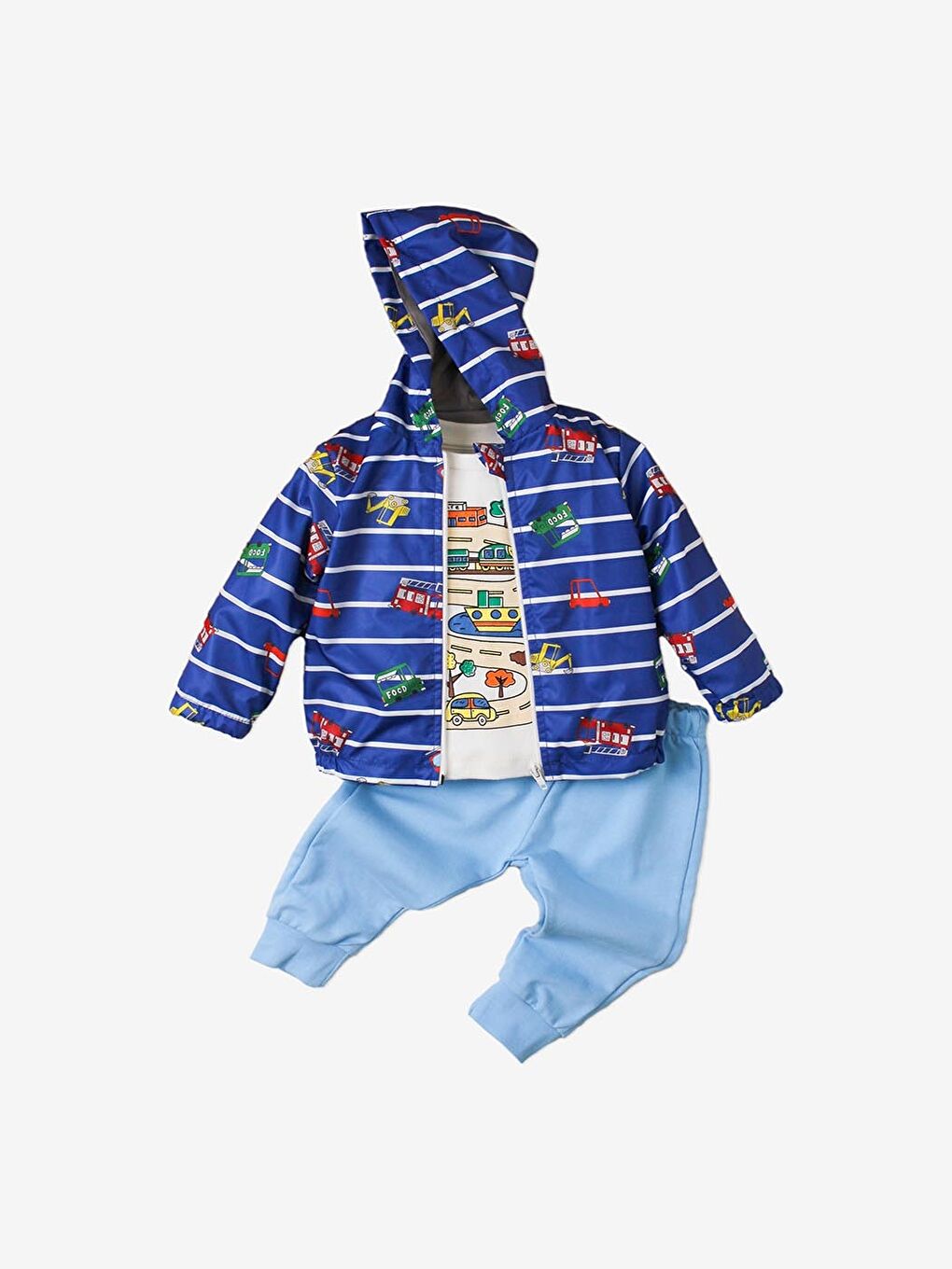 Mavi Kapüşonlu Erkek Bebek 3'lü Takım