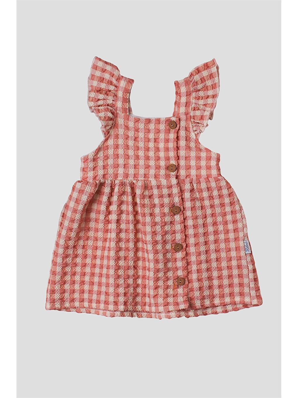 Pembe Kare Yaka Kol Fırfırlı Yandan Düğmeli Kız Bebek Pitikare Elbise