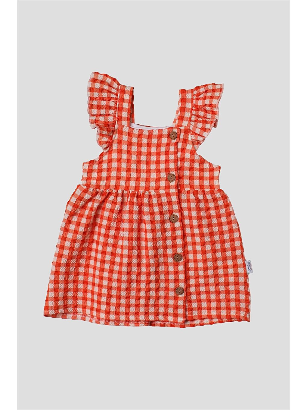 Turuncu Kare Yaka Kol Fırfırlı Yandan Düğmeli Kız Bebek Pitikare Elbise