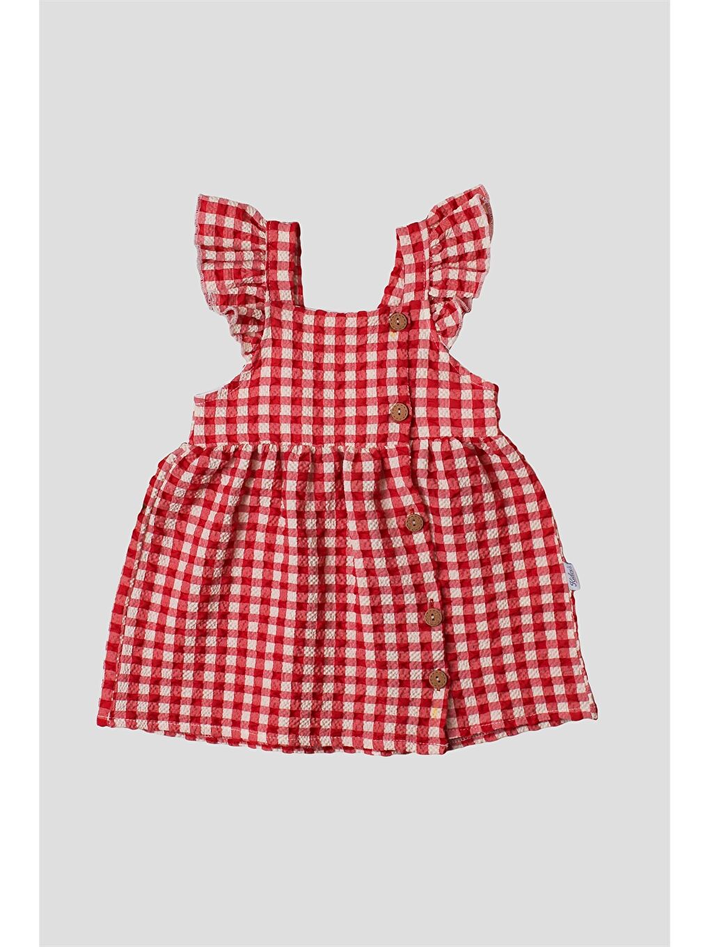 Kırmızı Kare Yaka Kol Fırfırlı Yandan Düğmeli Kız Bebek Pitikare Elbise