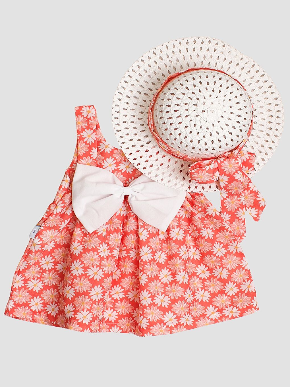 Turuncu Papatya Desenli Fiyonklu Şapkalı Kız Bebek Elbise