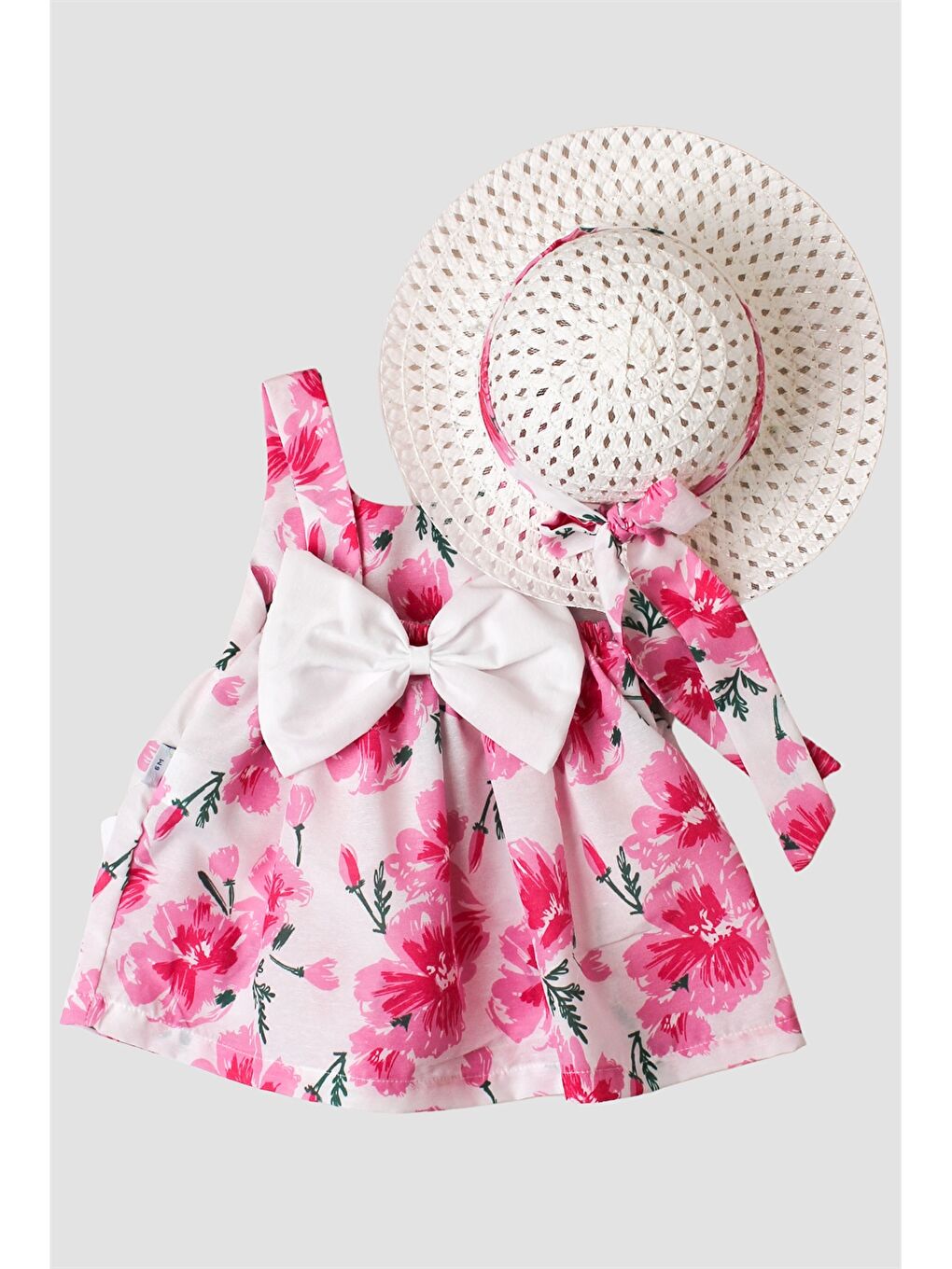 Pembe Çiçek Desenli Fiyonklu Şapkalı Kız Bebek Elbise