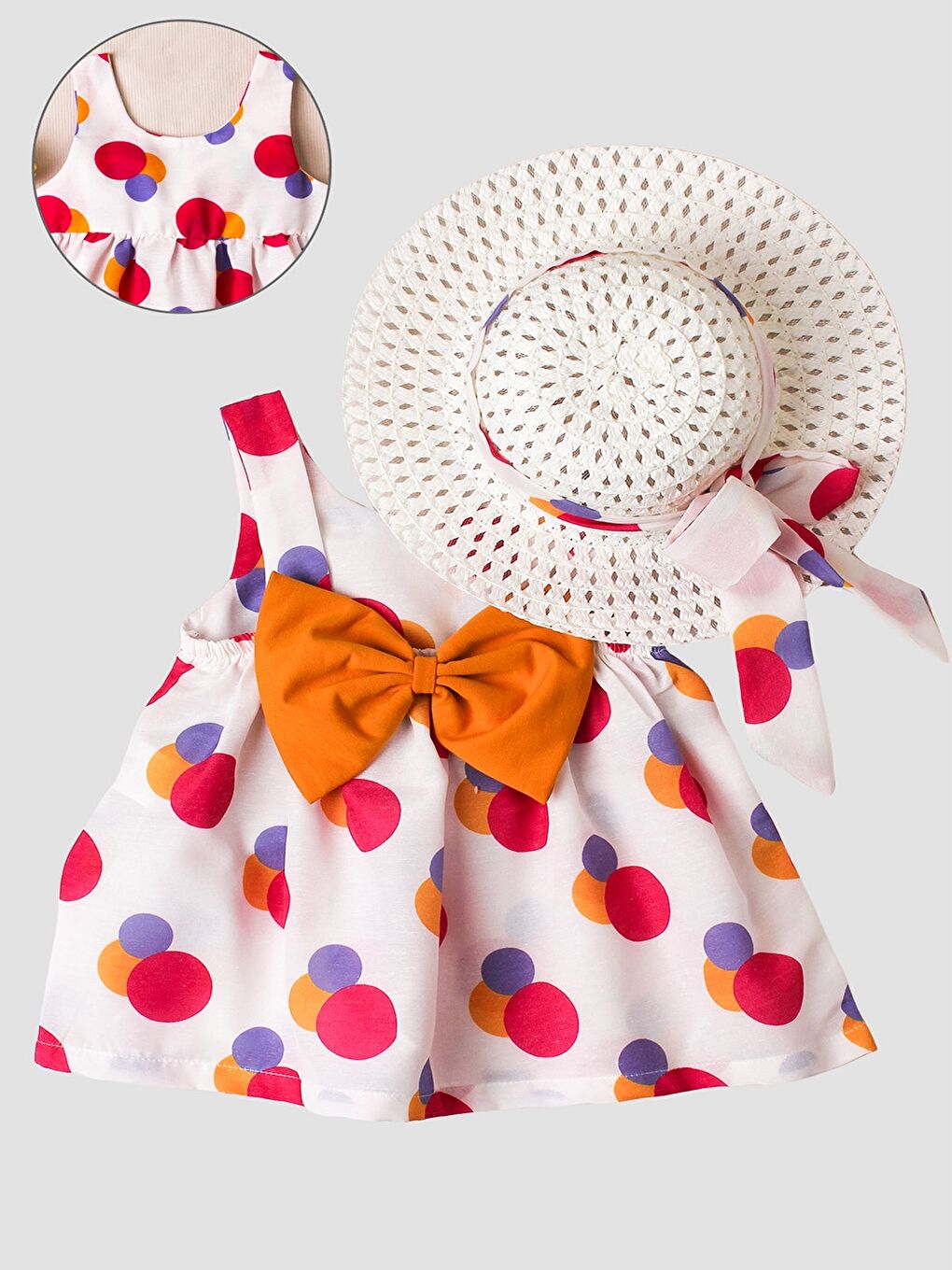 Kahverengi Desenli Fiyonklu Şapkalı Kız Bebek Elbise